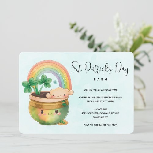 St Patricks Day Whimsical Rainbow  Clover Party Invitation