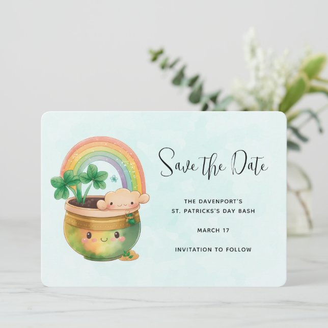 St. Patrick's Day Whimsical Rainbow & Clover Save The Date (Standing Front)