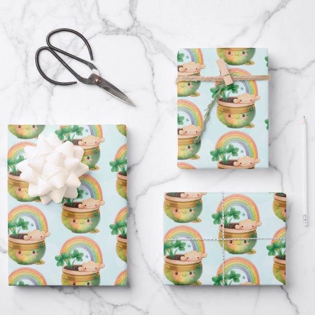 St. Patrick's Day Whimsical Rainbow & Clover Wrapping Paper Sheets (Front)