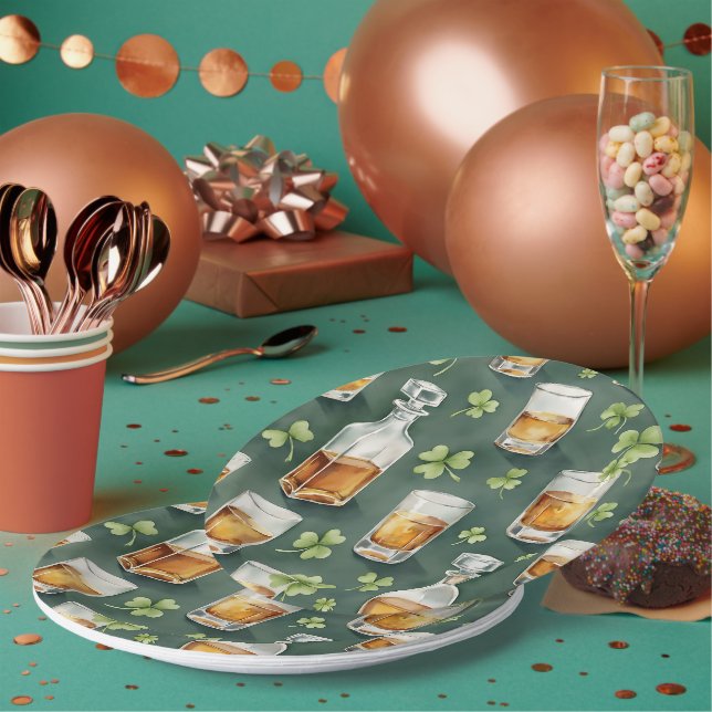St. Patrick's Day Whiskey and Shamrocks Pattern Paper Plates (Multi)
