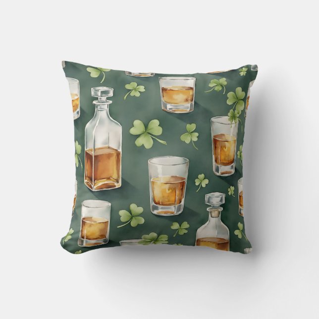 St. Patrick's Day Whiskey and Shamrocks Pattern Throw Pillow (Front)
