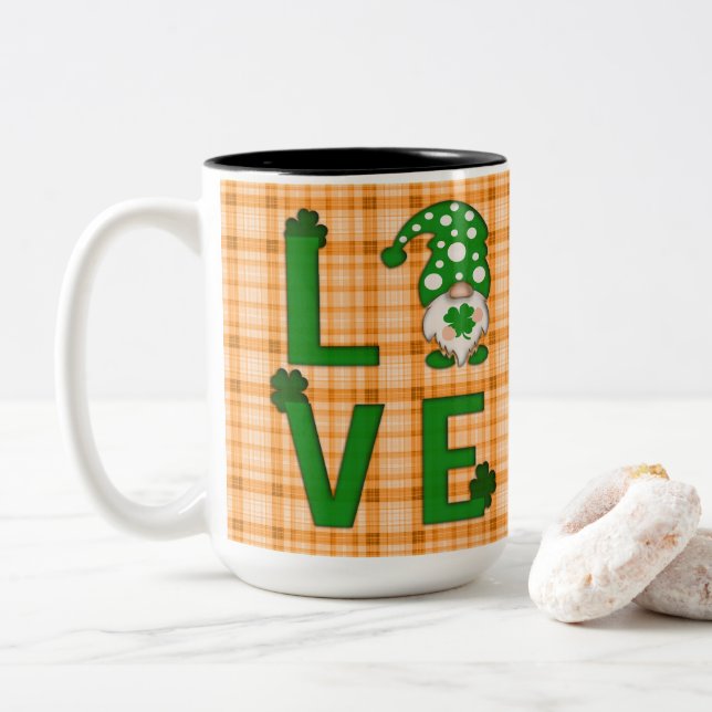 St. Patrick's Day with Cute Gnome and Shamrock Two-Tone Coffee Mug (With Donut)
