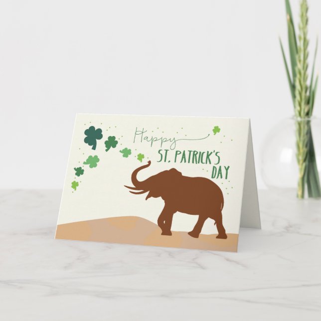 St. Patricks Day with Joyful Elephant and Shamrock Card (Front)