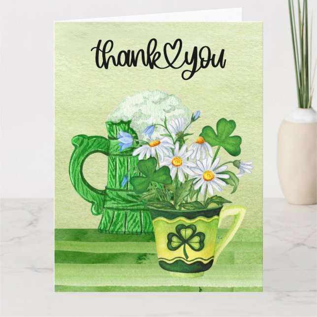 St. Patrick's Day  with shamrock and flowers Thank You Card (Front)
