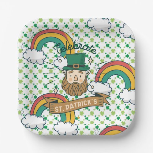 St Patricks Day with Shamrock and rainbow   Paper Plates