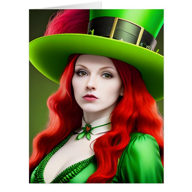 St. Patricks Day Woman in Green Tophat Cards (Front)
