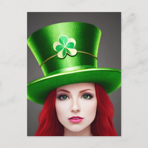 St Patricks Day Woman Red Hair Green Tophat Postcard
