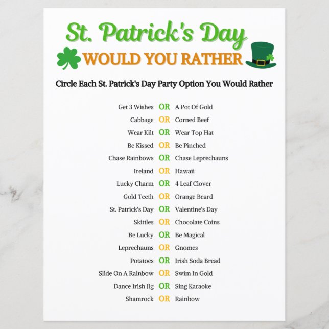 St. Patrick's Day Would You Rather Game (Front)