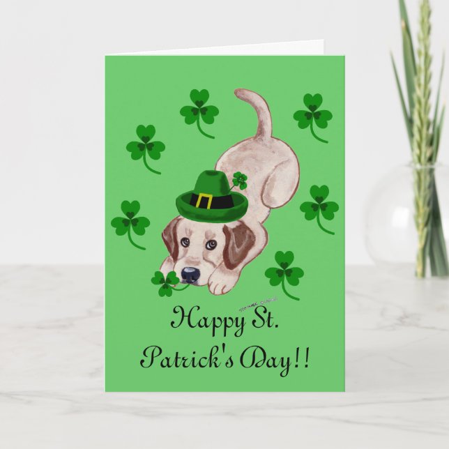 St. Patrick's Day Yellow Labrador Puppy in Green Card (Front)