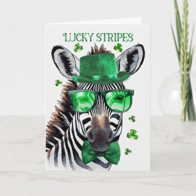 St Patrick's Day Zebra Lucky Stripes and Bagpipes Holiday Card (Front)