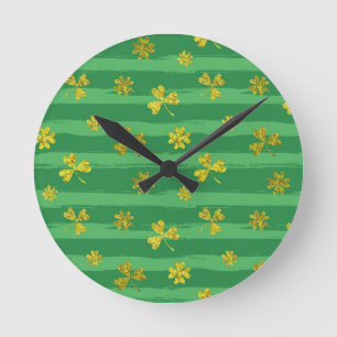 st patricks golden shamrocks round clock