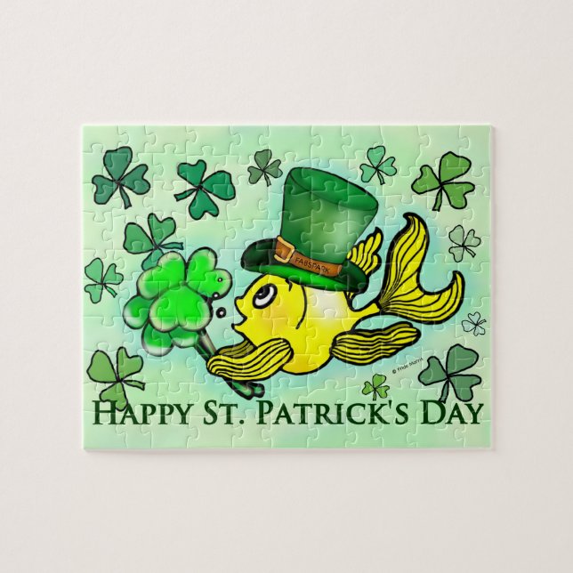 St Patrick's Green leprechaun goldfish & shamrocks Jigsaw Puzzle (Horizontal)