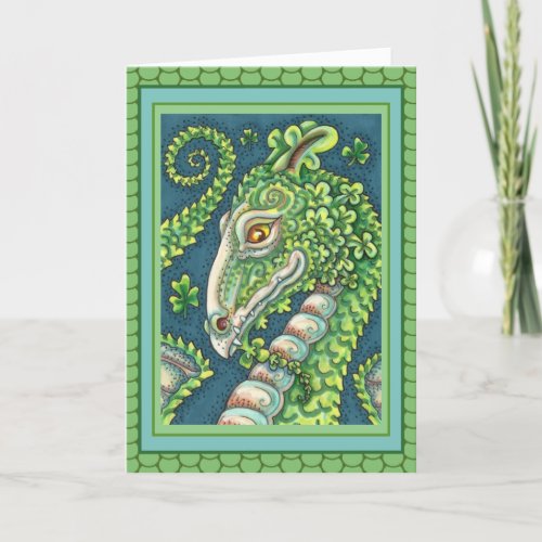 ST PATRICKS GREEN SHAMROCK DRAGON IRISH FANTASY HOLIDAY CARD