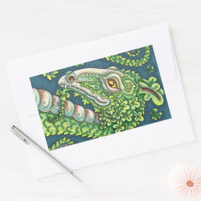 ST. PATRICK'S GREEN SHAMROCK DRAGON, IRISH FANTASY RECTANGULAR STICKER (Envelope)