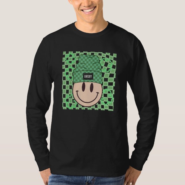 St Patricks Happy Face Hat Lucky Vibes Retro Irish T-Shirt (Front)