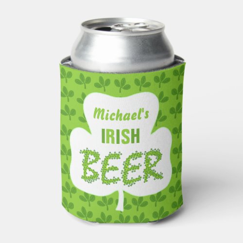 St Patricks Irish Beer Personalized Shamrock Green Can Cooler