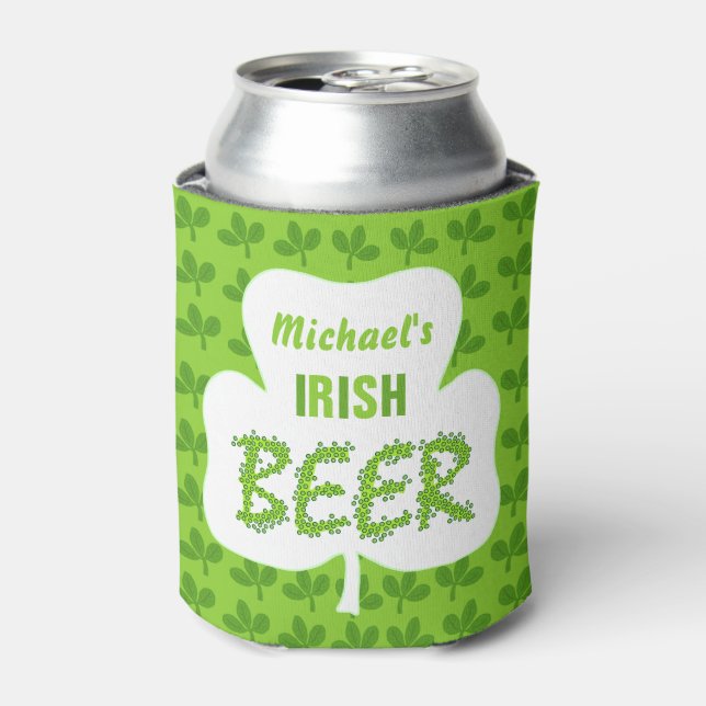 St Patricks Irish Beer Personalized Shamrock Green Can Cooler (Can Front)