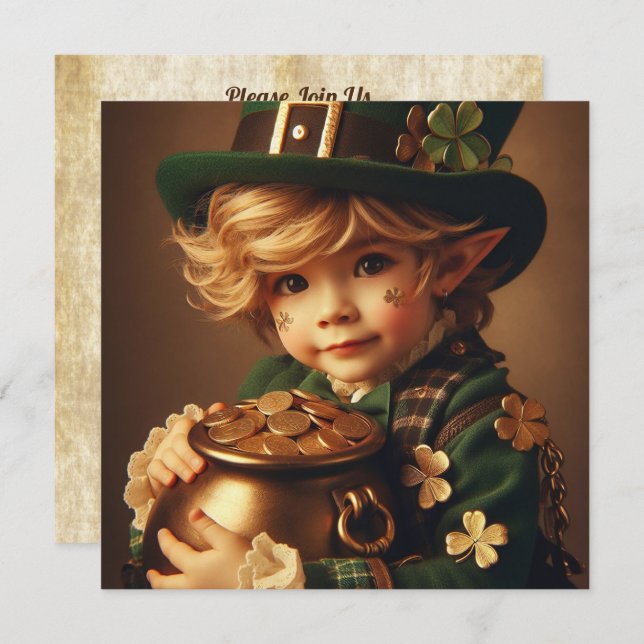 St Patrick's Leprechaun Child Pot of Gold Square Invitation (Front/Back)