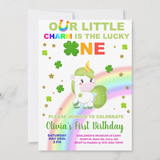 St. Patrick's little charm birthday party invite.  Invitation (Front)