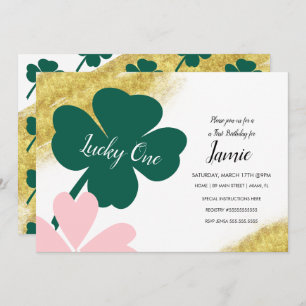 St. Patricks Lucky 1st Birthday Green Pink Gold Invitation