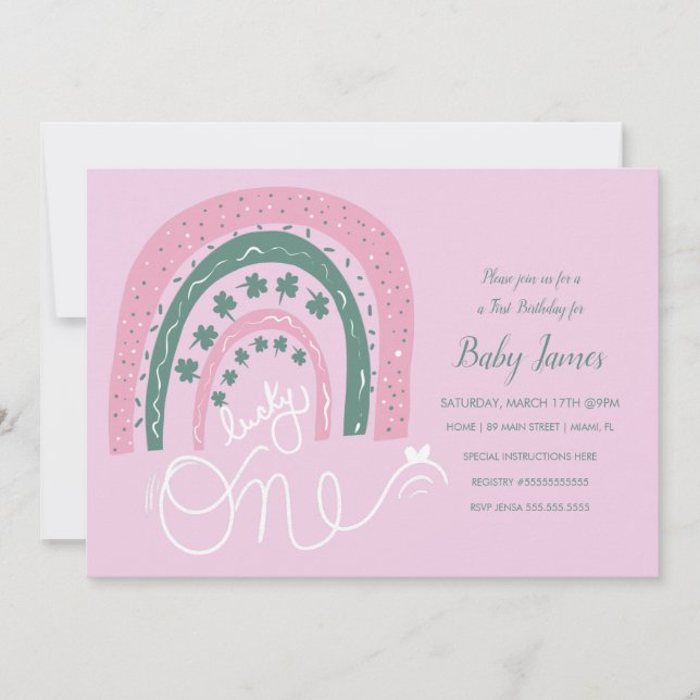 St. Patricks Lucky 1st Birthday Hand Drawn Rainbow Invitation (Front)