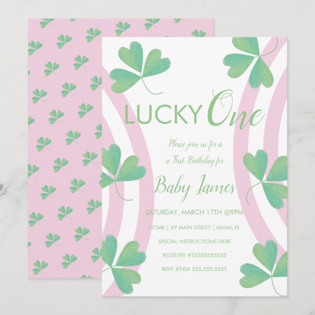 St. Patricks Lucky 1st Birthday Watercolor Clovers Invitation (Front/Back)