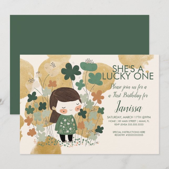 St. Patricks Lucky Birthday Girl Shamrock Gold Invitation (Front/Back)