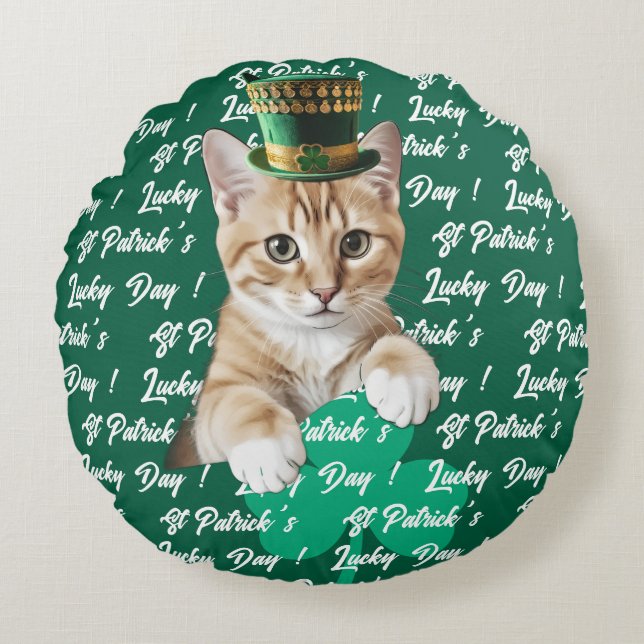 St Patrick's Lucky Day Cute Cat Leprechaun Hat, Round Pillow (Front)