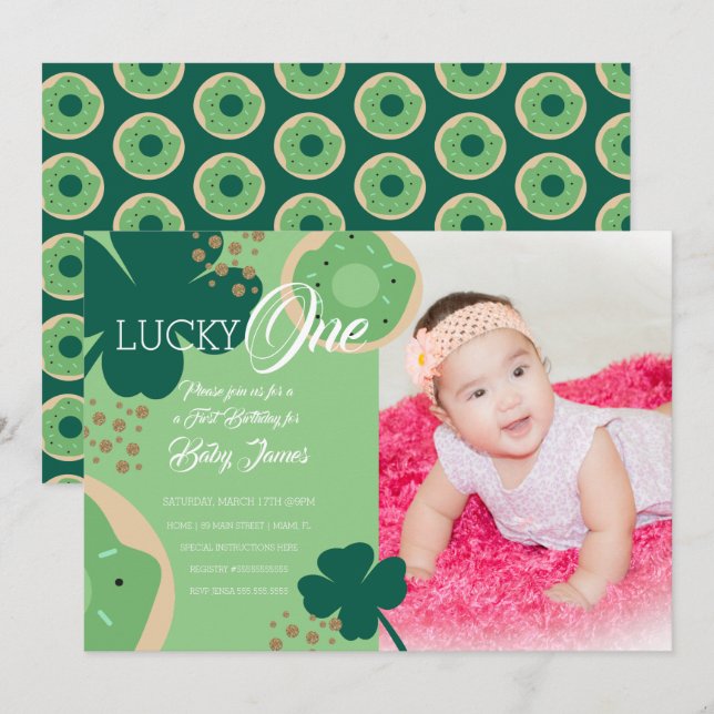 St. Patricks Lucky First Birthday Donut Photo Invitation (Front/Back)