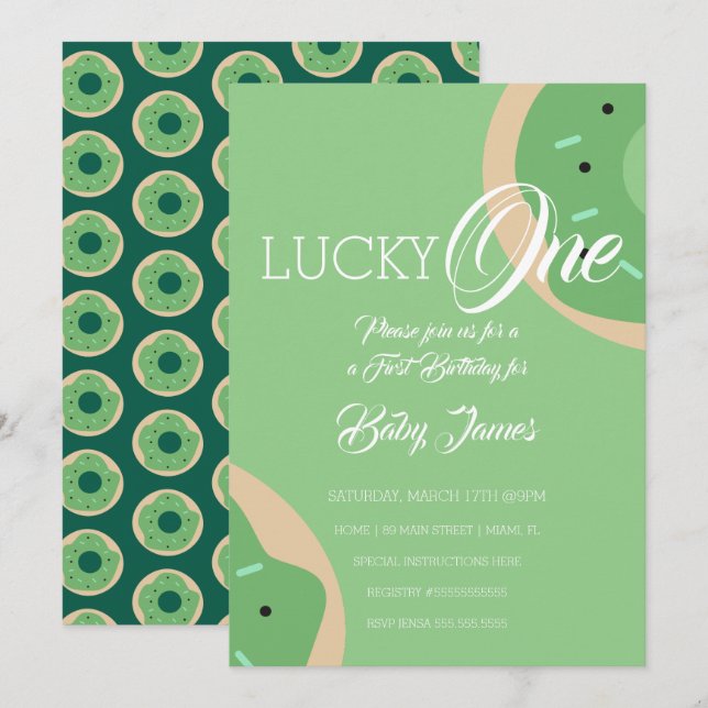 St. Patricks Lucky First Birthday Frosted Donut Invitation (Front/Back)