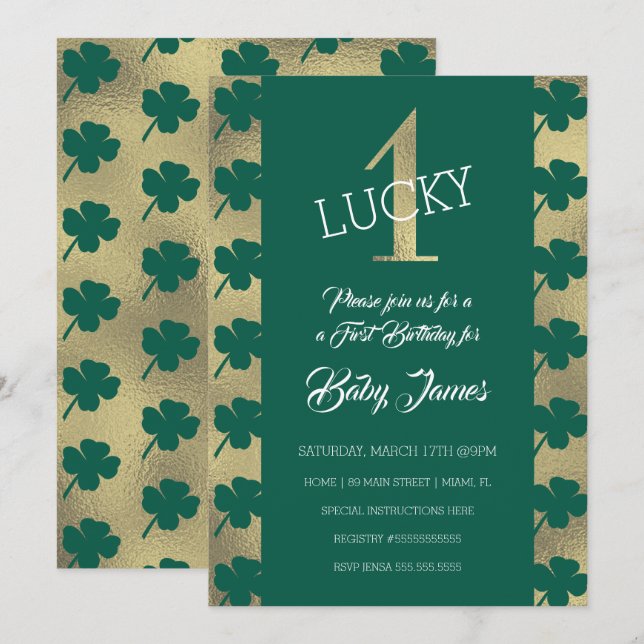 St. Patricks Lucky First Birthday Green Shamrock Invitation (Front/Back)