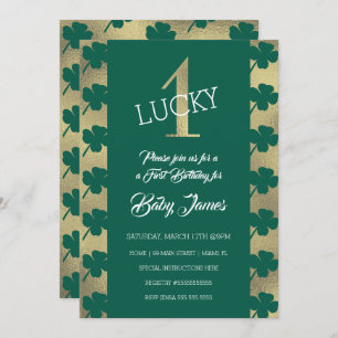 St. Patricks Lucky First Birthday Green Shamrock Invitation
