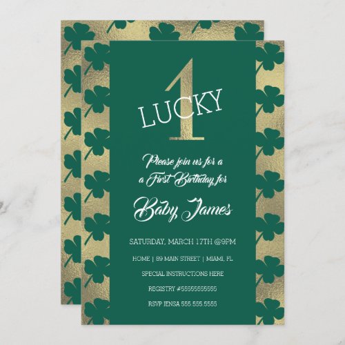 St Patricks Lucky First Birthday Green Shamrock Invitation