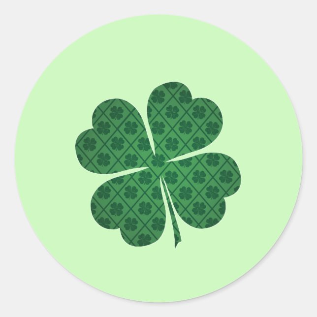 St Patricks Lucky Four Leaf Green Clover Pattern Classic Round Sticker (Front)