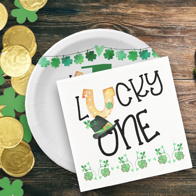St Patricks Lucky One Horseshoe and Shamrock Party Napkins (Lucky One First Birthday Party Napkins)