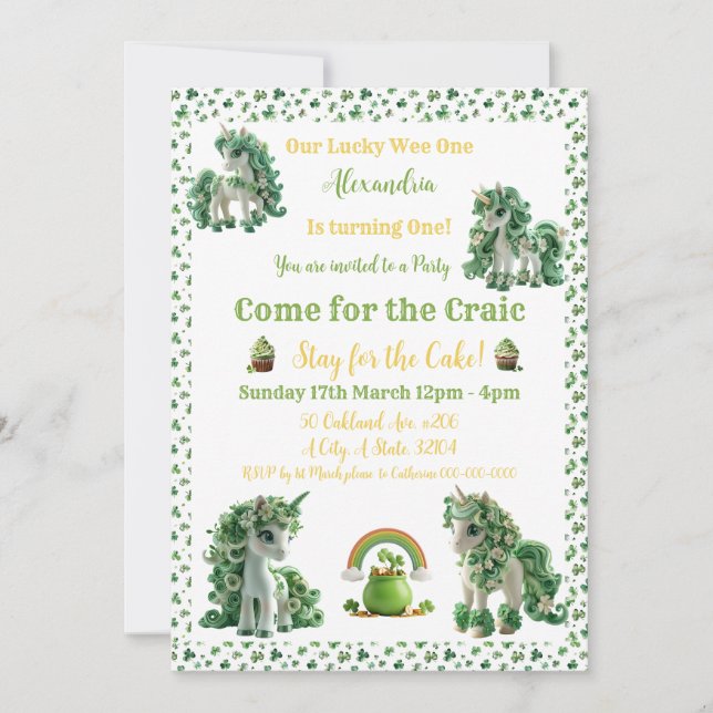 St Patricks Lucky One Unicorn Invitation (Front)
