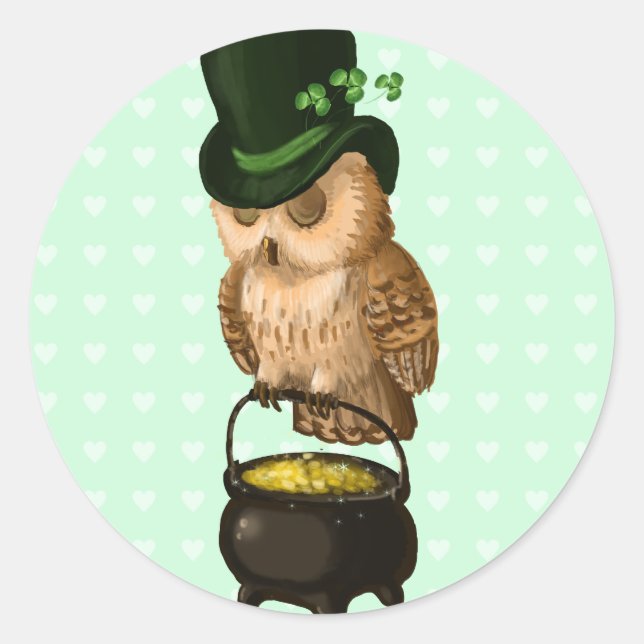 St. Patrick's owl Leprechaun guardian Classic Round Sticker (Front)
