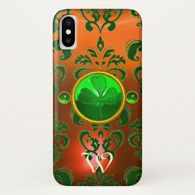 ST PATRICK'S SHAMROCK ORANGE GREEN DAMASK MONOGRAM Case-Mate iPhone CASE (Back)