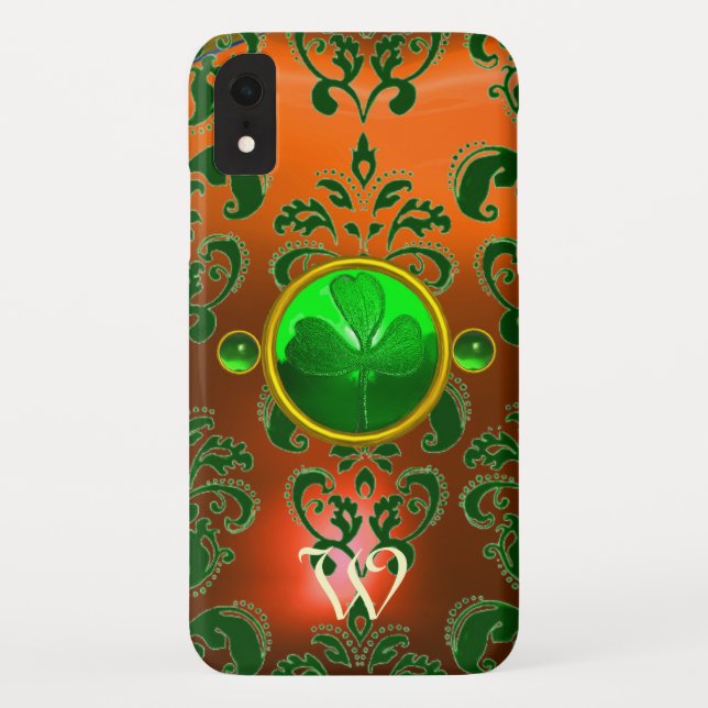 ST PATRICK'S SHAMROCK ORANGE GREEN DAMASK MONOGRAM Case-Mate iPhone CASE (Back)