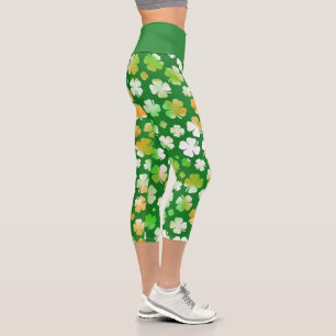 St Patrick's Shamrocks Pattern Green White Orange Capri Leggings