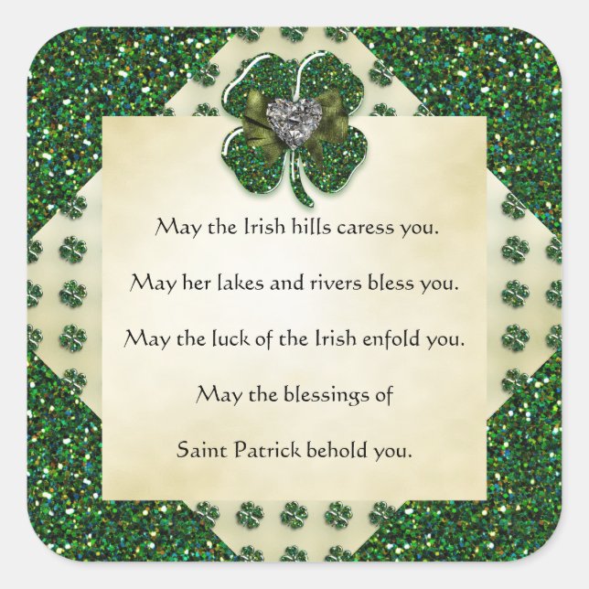 St. Patrick's Sparkly Shamrock/Heart Irish Square Sticker (Front)