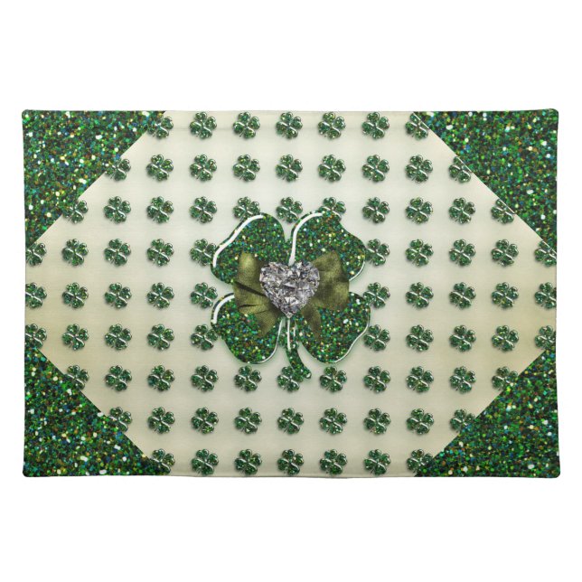 St. Patrick's Sparkly Shamrock with Heart Cloth Placemat (Front)