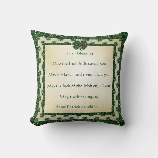St. Patrick's Sparkly Shamrocks Irish Blessing Throw Pillow (Front)