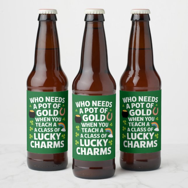St Patricks Teacher Lucky Charm Clover Irish  Beer Bottle Label (Bottles)