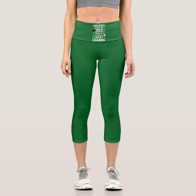 St Patricks Teacher Lucky Charm Clover Irish  Capri Leggings (Front)