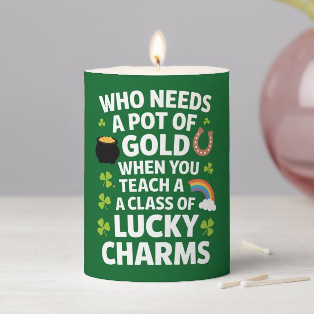 St Patricks Teacher Lucky Charm Clover Irish  Pillar Candle (In Situ)