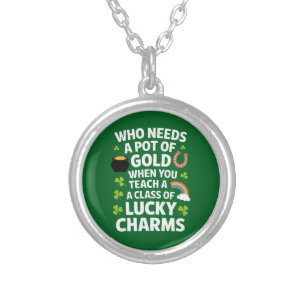 St Patricks Teacher Lucky Charm Clover Irish Silver Plated Necklace