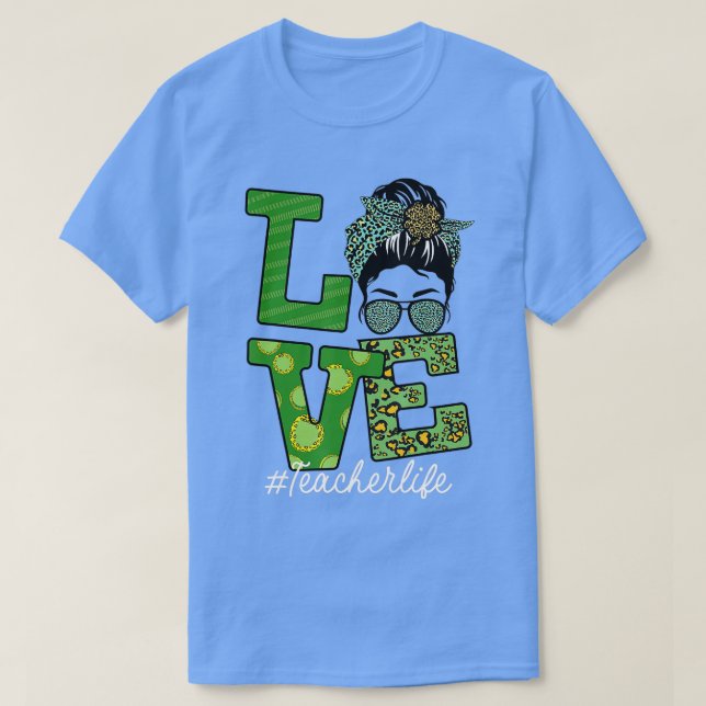 St Patricks Teacher Messy Bun Love Leopard Shamroc T-Shirt (Design Front)