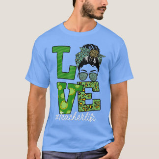 St Patricks Teacher Messy Bun Love Leopard Shamroc T-Shirt