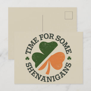 St. Patrick's Time For Some Shenanigans Clover Postcard